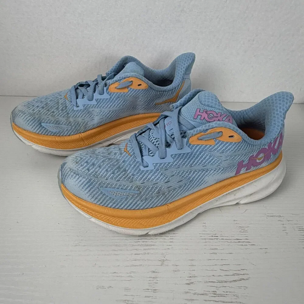 Hoka One One Clifton 9 Womens 6.5B Airy Blue Orange Running Shoes 1127896